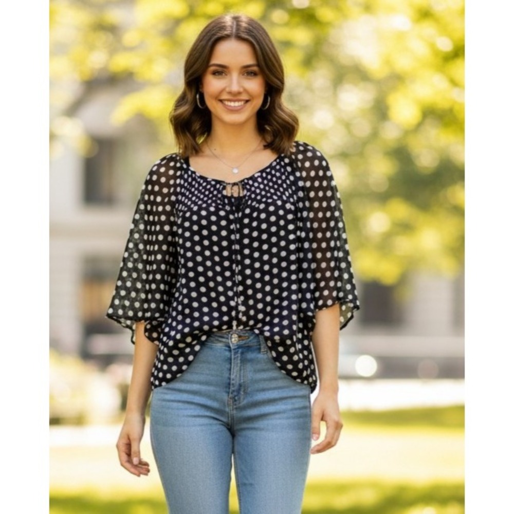 Unique Spectrum L Black Polka Dot Top Flowy Boho Whimsigoth Edgy‎ Retro Office